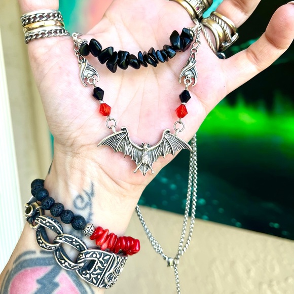 Silver Bat choker necklace . Double layer onyx chips & bats Handmade goth boho - Picture 16 of 16